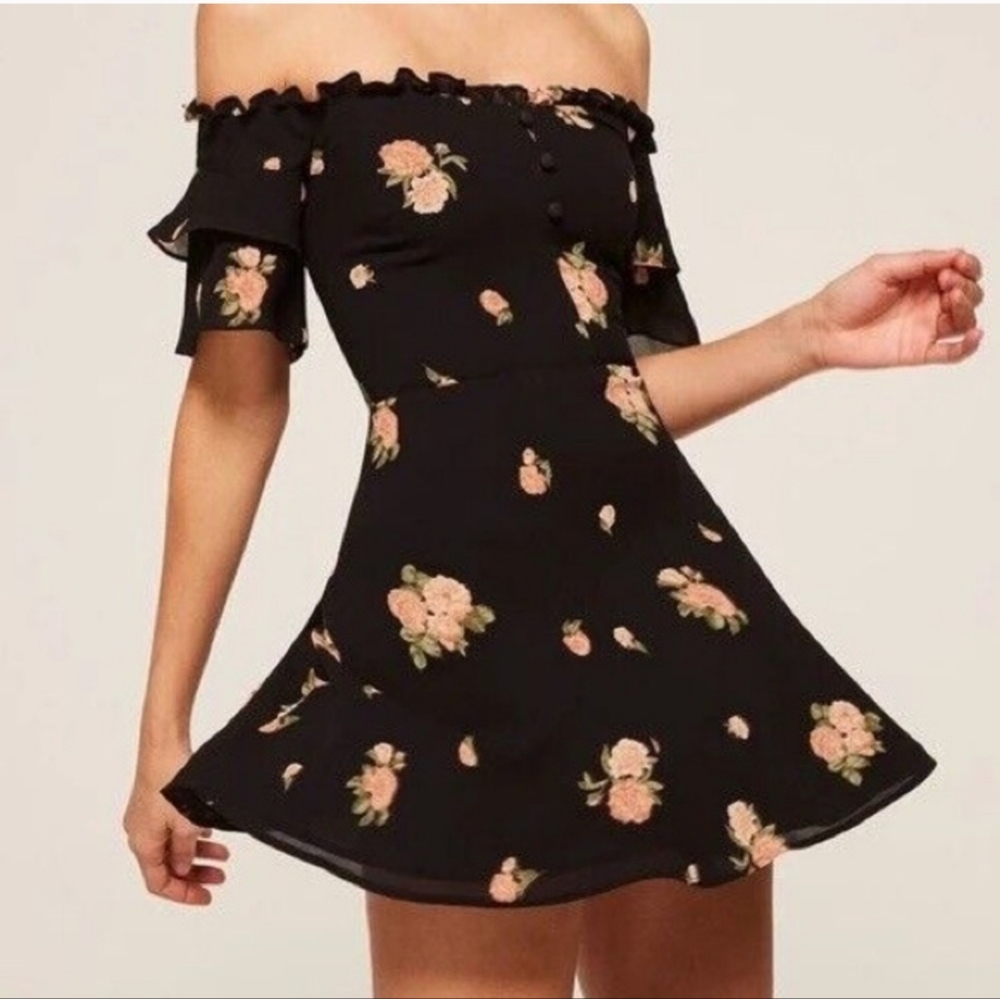 Reformation Diana Dress‎ Off-Shoulder Black Floral size 2